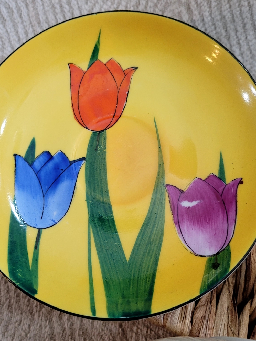 Japan Hand  Okwan China dessert Plate Yellow with Tulips. 7 qty. Vintage